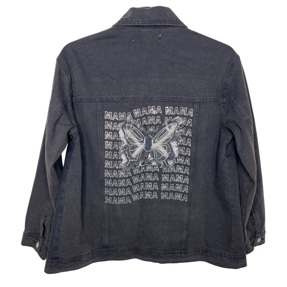 Emmas Expressions "Mama" Embroidered Black Denim Jacket With Butterfly Medium - Picture 3 of 14